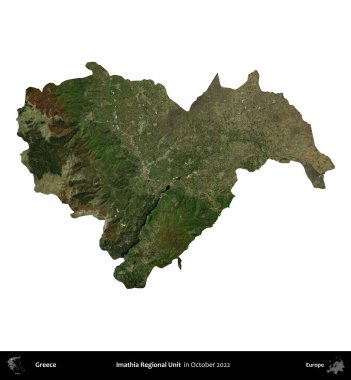 Imathia Bölgesel Birimi. Yunanistan idari bölgesi, Ekim 2022 'de çekilen Global Mozaik Sentinel-2 karolarından oluşan bir uydu görüntüsü üzerinde beyaza izole edildi