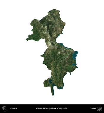 Inachos Belediye Birimi. Yunanistan idari bölgesi, Temmuz 2022 'de çekilen Global Mozaik Sentinel-2 karolarından oluşan bir uydu görüntüsü üzerinde beyaza izole edildi
