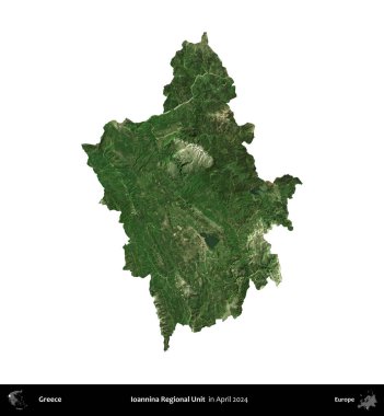 Ioannina Bölgesel Birimi. Yunanistan idari bölgesi, Nisan 2024 'te çekilen Global Mozaik Sentinel-2 karolarından oluşan bir uydu görüntüsü üzerinde beyaza izole edildi