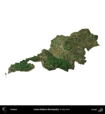 Istiaia-Aidipsos Belediyesi. Yunanistan idari bölgesi, Temmuz 2022 'de çekilen Global Mozaik Sentinel-2 karolarından oluşan bir uydu görüntüsü üzerinde beyaza izole edildi