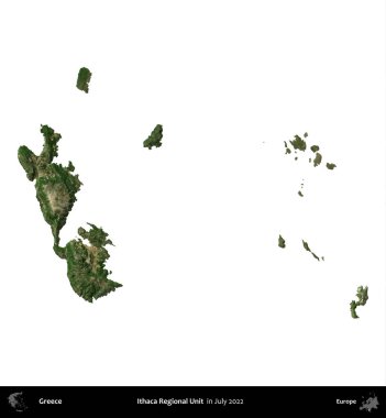 Ithaca Bölgesel Birimi. Yunanistan idari bölgesi, Temmuz 2022 'de çekilen Global Mozaik Sentinel-2 karolarından oluşan bir uydu görüntüsü üzerinde beyaza izole edildi