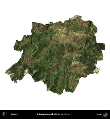 Kalavryta Belediye Birimi. Yunanistan idari bölgesi, Temmuz 2022 'de çekilen Global Mozaik Sentinel-2 karolarından oluşan bir uydu görüntüsü üzerinde beyaza izole edildi