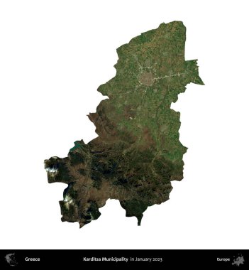 Karditsa Belediyesi. Yunanistan idari bölgesi, Ocak 2023 'te çekilen Global Mozaik Sentinel-2 karolarından oluşan bir uydu görüntüsü üzerinde beyaza izole edildi