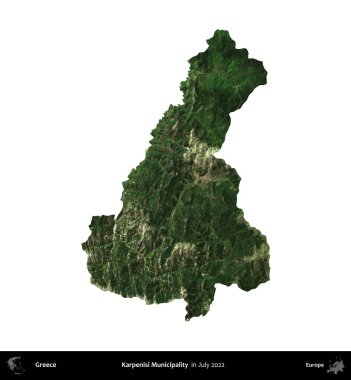Karpenisi Belediyesi. Yunanistan idari bölgesi, Temmuz 2022 'de çekilen Global Mozaik Sentinel-2 karolarından oluşan bir uydu görüntüsü üzerinde beyaza izole edildi
