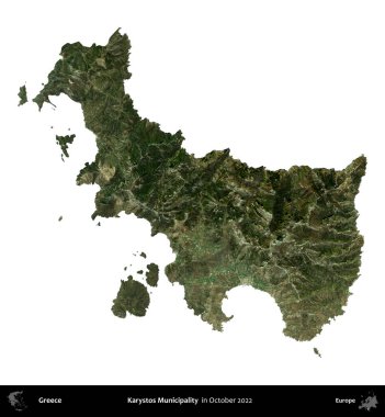 Karystos Belediyesi. Yunanistan idari bölgesi, Ekim 2022 'de çekilen Global Mozaik Sentinel-2 karolarından oluşan bir uydu görüntüsü üzerinde beyaza izole edildi