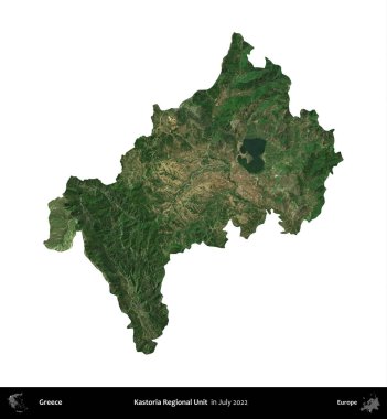 Kastoria Bölgesel Birimi. Yunanistan idari bölgesi, Temmuz 2022 'de çekilen Global Mozaik Sentinel-2 karolarından oluşan bir uydu görüntüsü üzerinde beyaza izole edildi