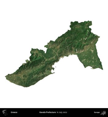 Kavala Bölgesi. Yunanistan idari bölgesi, Temmuz 2022 'de çekilen Global Mozaik Sentinel-2 karolarından oluşan bir uydu görüntüsü üzerinde beyaza izole edildi