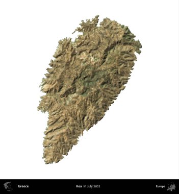 Kea. Yunanistan idari bölgesi, Temmuz 2022 'de çekilen Global Mozaik Sentinel-2 karolarından oluşan bir uydu görüntüsü üzerinde beyaza izole edildi