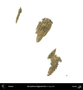 Kea-Kythnos Bölgesel Birimi. Yunanistan idari bölgesi, Temmuz 2022 'de çekilen Global Mozaik Sentinel-2 karolarından oluşan bir uydu görüntüsü üzerinde beyaza izole edildi