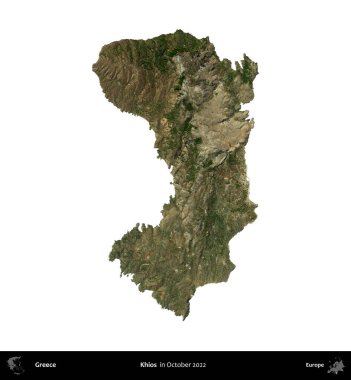 Khios. Yunanistan idari bölgesi, Ekim 2022 'de çekilen Global Mozaik Sentinel-2 karolarından oluşan bir uydu görüntüsü üzerinde beyaza izole edildi