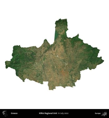 Kilkis Bölgesel Birimi. Yunanistan idari bölgesi, Temmuz 2022 'de çekilen Global Mozaik Sentinel-2 karolarından oluşan bir uydu görüntüsü üzerinde beyaza izole edildi