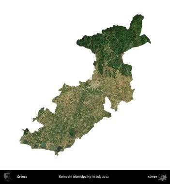 Komotini Belediyesi. Yunanistan idari bölgesi, Temmuz 2022 'de çekilen Global Mozaik Sentinel-2 karolarından oluşan bir uydu görüntüsü üzerinde beyaza izole edildi