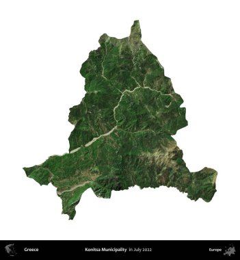 Konitsa Belediyesi. Yunanistan idari bölgesi, Temmuz 2022 'de çekilen Global Mozaik Sentinel-2 karolarından oluşan bir uydu görüntüsü üzerinde beyaza izole edildi