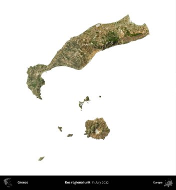 Kos bölgesel birimi. Yunanistan idari bölgesi, Temmuz 2022 'de çekilen Global Mozaik Sentinel-2 karolarından oluşan bir uydu görüntüsü üzerinde beyaza izole edildi