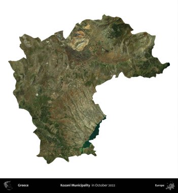 Kozani Belediyesi. Yunanistan idari bölgesi, Ekim 2022 'de çekilen Global Mozaik Sentinel-2 karolarından oluşan bir uydu görüntüsü üzerinde beyaza izole edildi