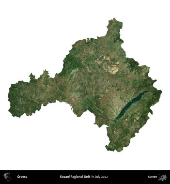 Kozani Bölgesel Birimi. Yunanistan idari bölgesi, Temmuz 2022 'de çekilen Global Mozaik Sentinel-2 karolarından oluşan bir uydu görüntüsü üzerinde beyaza izole edildi