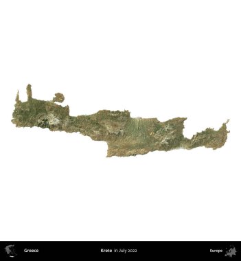 Krete. Yunanistan idari bölgesi, Temmuz 2022 'de çekilen Global Mozaik Sentinel-2 karolarından oluşan bir uydu görüntüsü üzerinde beyaza izole edildi