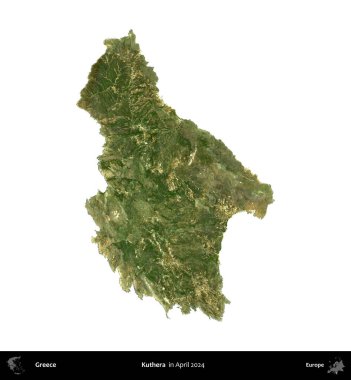 Kuthera. Yunanistan idari bölgesi, Nisan 2024 'te çekilen Global Mozaik Sentinel-2 karolarından oluşan bir uydu görüntüsü üzerinde beyaza izole edildi