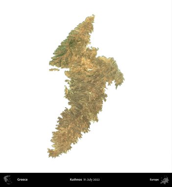 Kuthnos. Yunanistan idari bölgesi, Temmuz 2022 'de çekilen Global Mozaik Sentinel-2 karolarından oluşan bir uydu görüntüsü üzerinde beyaza izole edildi