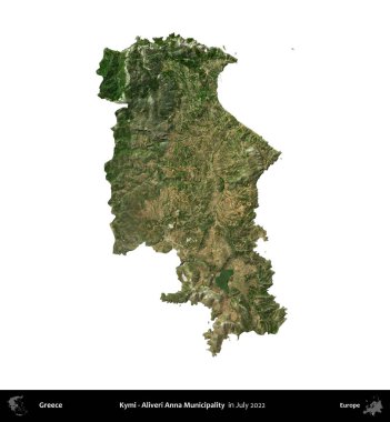 Kymi - Aliveri Anna Belediyesi. Yunanistan idari bölgesi, Temmuz 2022 'de çekilen Global Mozaik Sentinel-2 karolarından oluşan bir uydu görüntüsü üzerinde beyaza izole edildi