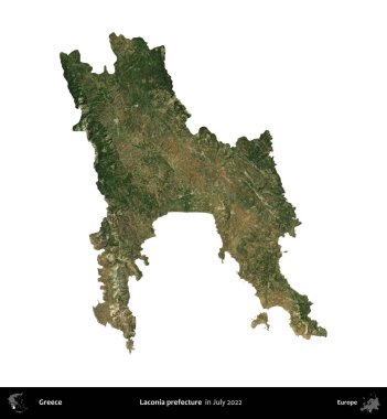 Laconia Bölgesi. Yunanistan idari bölgesi, Temmuz 2022 'de çekilen Global Mozaik Sentinel-2 karolarından oluşan bir uydu görüntüsü üzerinde beyaza izole edildi