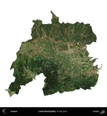 Lamia Belediyesi. Yunanistan idari bölgesi, Temmuz 2022 'de çekilen Global Mozaik Sentinel-2 karolarından oluşan bir uydu görüntüsü üzerinde beyaza izole edildi