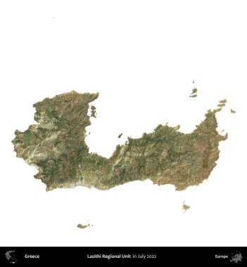 Lasithi Bölgesel Birimi. Yunanistan idari bölgesi, Temmuz 2022 'de çekilen Global Mozaik Sentinel-2 karolarından oluşan bir uydu görüntüsü üzerinde beyaza izole edildi