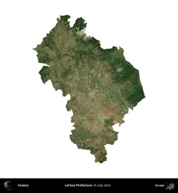 Larissa Bölgesi. Yunanistan idari bölgesi, Temmuz 2022 'de çekilen Global Mozaik Sentinel-2 karolarından oluşan bir uydu görüntüsü üzerinde beyaza izole edildi