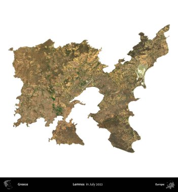Lemnos. Yunanistan idari bölgesi, Temmuz 2022 'de çekilen Global Mozaik Sentinel-2 karolarından oluşan bir uydu görüntüsü üzerinde beyaza izole edildi