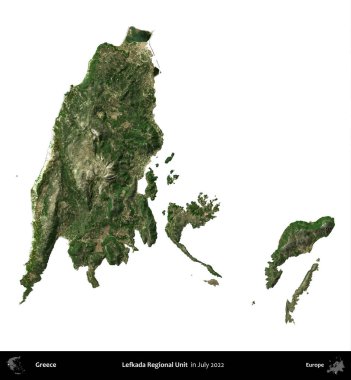 Lefkada Bölgesel Birimi. Yunanistan idari bölgesi, Temmuz 2022 'de çekilen Global Mozaik Sentinel-2 karolarından oluşan bir uydu görüntüsü üzerinde beyaza izole edildi