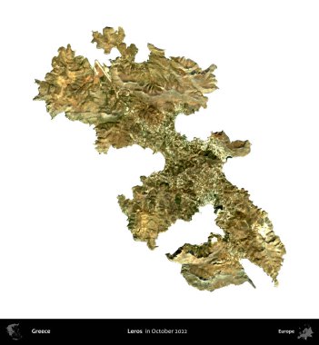 Leros. Yunanistan idari bölgesi, Ekim 2022 'de çekilen Global Mozaik Sentinel-2 karolarından oluşan bir uydu görüntüsü üzerinde beyaza izole edildi