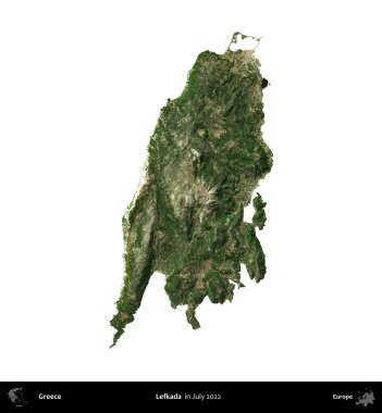 Lefkada. Yunanistan idari bölgesi, Temmuz 2022 'de çekilen Global Mozaik Sentinel-2 karolarından oluşan bir uydu görüntüsü üzerinde beyaza izole edildi