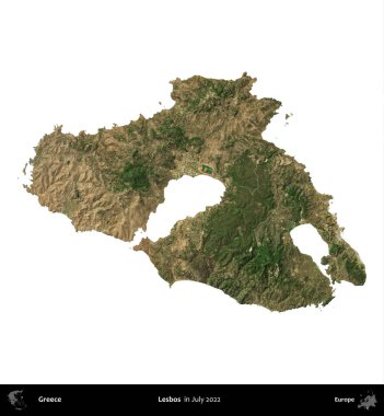 Lezbiyenler. Yunanistan idari bölgesi, Temmuz 2022 'de çekilen Global Mozaik Sentinel-2 karolarından oluşan bir uydu görüntüsü üzerinde beyaza izole edildi