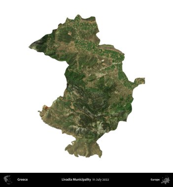 Livadia Belediyesi. Yunanistan idari bölgesi, Temmuz 2022 'de çekilen Global Mozaik Sentinel-2 karolarından oluşan bir uydu görüntüsü üzerinde beyaza izole edildi