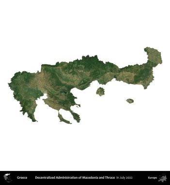 Makedonya ve Trakya. Yunanistan idari bölgesi, Temmuz 2022 'de çekilen Global Mozaik Sentinel-2 karolarından oluşan bir uydu görüntüsü üzerinde beyaza izole edildi