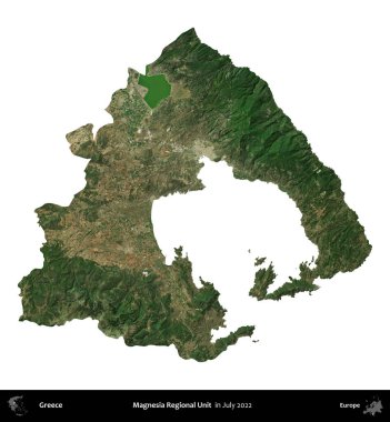 Magnezya Bölgesel Birimi. Yunanistan idari bölgesi, Temmuz 2022 'de çekilen Global Mozaik Sentinel-2 karolarından oluşan bir uydu görüntüsü üzerinde beyaza izole edildi