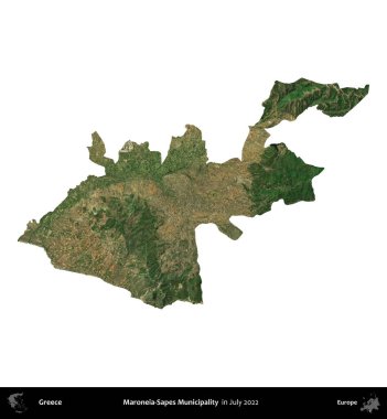 Maroneia-Sapes Belediyesi. Yunanistan idari bölgesi, Temmuz 2022 'de çekilen Global Mozaik Sentinel-2 karolarından oluşan bir uydu görüntüsü üzerinde beyaza izole edildi