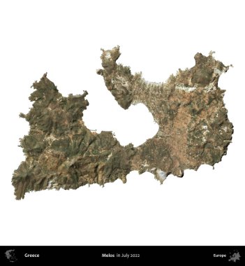 Melodiler. Yunanistan idari bölgesi, Temmuz 2022 'de çekilen Global Mozaik Sentinel-2 karolarından oluşan bir uydu görüntüsü üzerinde beyaza izole edildi