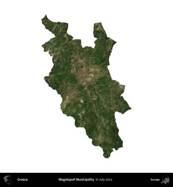 Megalopoli Belediyesi. Yunanistan idari bölgesi, Temmuz 2022 'de çekilen Global Mozaik Sentinel-2 karolarından oluşan bir uydu görüntüsü üzerinde beyaza izole edildi