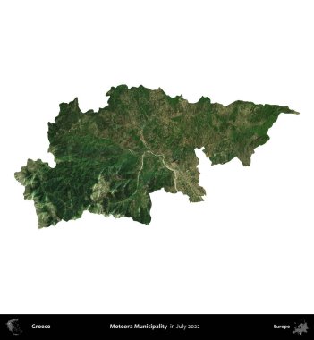 Meteora Belediyesi. Yunanistan idari bölgesi, Temmuz 2022 'de çekilen Global Mozaik Sentinel-2 karolarından oluşan bir uydu görüntüsü üzerinde beyaza izole edildi
