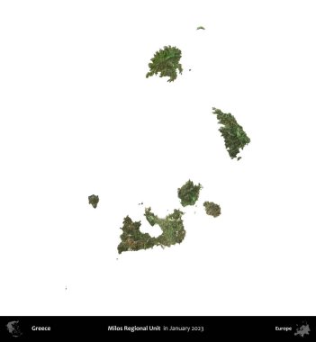 Milos Bölgesel Birimi. Yunanistan idari bölgesi, Ocak 2023 'te çekilen Global Mozaik Sentinel-2 karolarından oluşan bir uydu görüntüsü üzerinde beyaza izole edildi