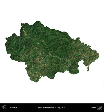 Myki Belediyesi. Yunanistan idari bölgesi, Temmuz 2022 'de çekilen Global Mozaik Sentinel-2 karolarından oluşan bir uydu görüntüsü üzerinde beyaza izole edildi