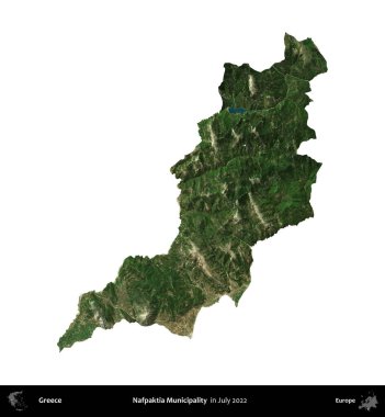Nafpaktia Belediyesi. Yunanistan idari bölgesi, Temmuz 2022 'de çekilen Global Mozaik Sentinel-2 karolarından oluşan bir uydu görüntüsü üzerinde beyaza izole edildi
