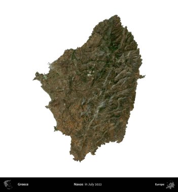 Naxos. Yunanistan idari bölgesi, Temmuz 2022 'de çekilen Global Mozaik Sentinel-2 karolarından oluşan bir uydu görüntüsü üzerinde beyaza izole edildi