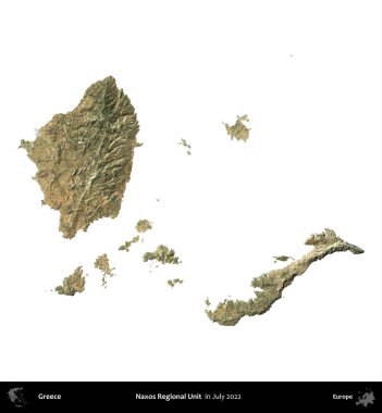 Naxos Bölgesel Birimi. Yunanistan idari bölgesi, Temmuz 2022 'de çekilen Global Mozaik Sentinel-2 karolarından oluşan bir uydu görüntüsü üzerinde beyaza izole edildi