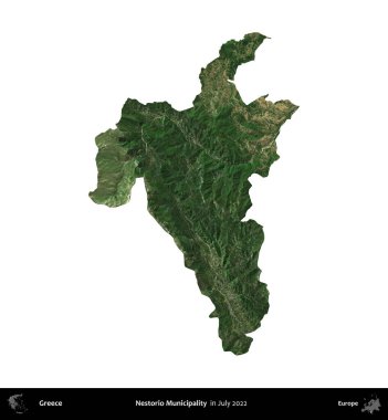 Nestorio Belediyesi. Yunanistan idari bölgesi, Temmuz 2022 'de çekilen Global Mozaik Sentinel-2 karolarından oluşan bir uydu görüntüsü üzerinde beyaza izole edildi