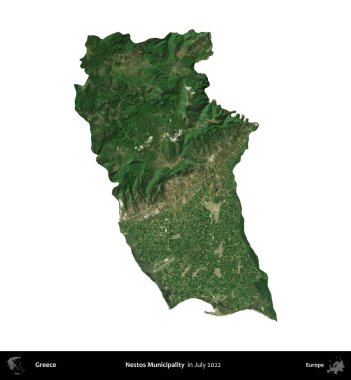Nestos Belediyesi. Yunanistan idari bölgesi, Temmuz 2022 'de çekilen Global Mozaik Sentinel-2 karolarından oluşan bir uydu görüntüsü üzerinde beyaza izole edildi