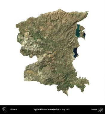 Agios Nikolaos Belediyesi. Yunanistan idari bölgesi, Temmuz 2022 'de çekilen Global Mozaik Sentinel-2 karolarından oluşan bir uydu görüntüsü üzerinde beyaza izole edildi