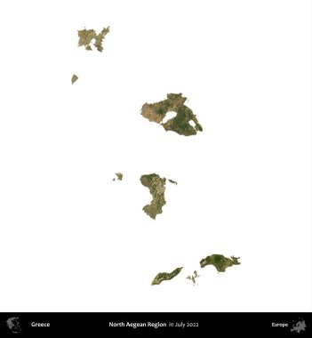 Kuzey Ege Bölgesi. Yunanistan idari bölgesi, Temmuz 2022 'de çekilen Global Mozaik Sentinel-2 karolarından oluşan bir uydu görüntüsü üzerinde beyaza izole edildi