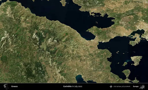 Korinthia 'da. Temmuz 2022 'de çekilen Global Mozaik Sentinel-2 karolarından oluşan uydu görüntüsü üzerine Yunanistan' ın idari bölgesi
